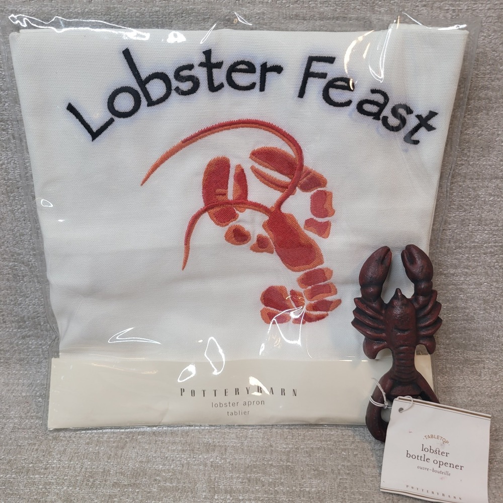 Pottery Barn Lobster Feast Apron Embroidered w Lobster Bottle Opener Both NEW